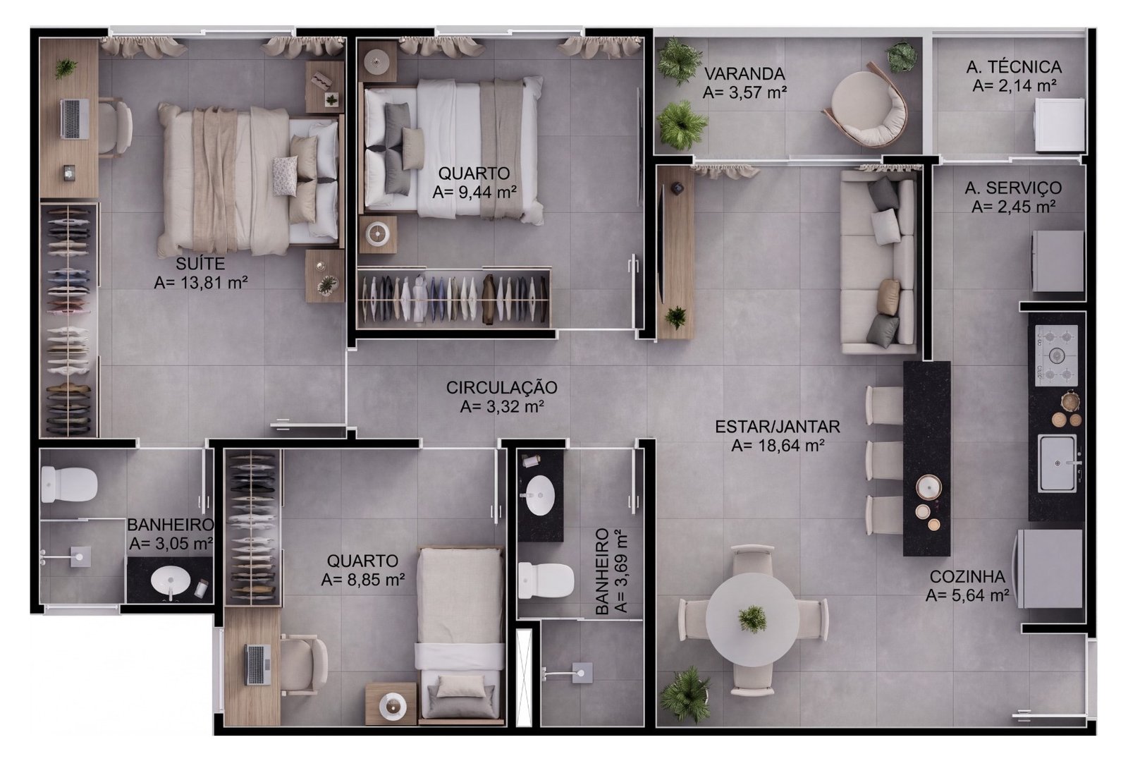 Planta humanizada do apartamento 3/4 do Mirante da Serra Residence